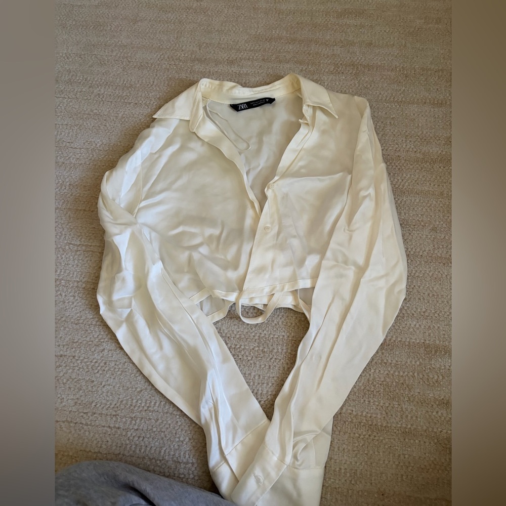 ZARA Ivory Satin Tie-Hem Shirt